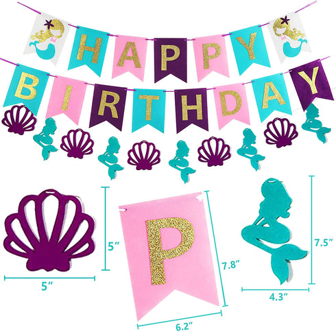Mermaid Party Supplies Birthday Decorations, Happy Birthday Banners, Pom Poms Flowers, Hanging Swirl, Inflatable and Reusable Foil Balloons for Girl's Birthday Party and Baby Shower Party Decorations