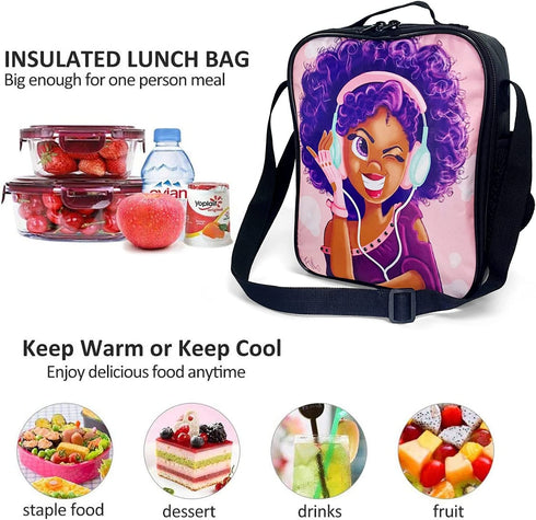 African American Black Girl Lunch Bag Insulated Lunch Box Tote for Kids Girls Toddler Teens Pink Reusable Canvas Lunch bags with Shoulder Strap