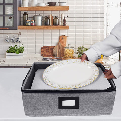 Platter Storage Case-China Storage Containers Height of 5.5'' with Sturdy Stackable Lid Wearable TC Material Include 4 Large Felt Dividers(Light Grey)