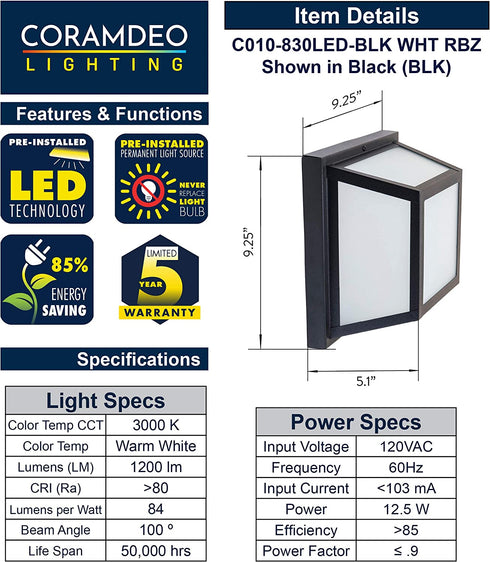 CORAMDEO 9.25? Square Ceiling Light, Porch Light, Entry, Outdoor Hallway, Damp Location, Built in LED Gives 125W of Light, 1200 Lumens, 3K, White Powder Coat Finish with Frosted Glass