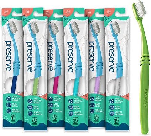 Preserve Eco Friendly Adult Toothbrushes, Made in The USA from Recycled Plastic, Lightweight Pouch, Soft Bristles, Colors Vary, 6 Count