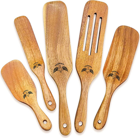 CHINOSA 5 Piece Wooden Spurtle Set - Acacia Wooden Utensils Set For Cooking - Heat Resistant Wooden Spoon Set - Kitchen Spoons for Cooking in Non Stick Cookware Pots and Pans