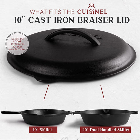 Cast Iron Lid - Fits 10-Inch" Lodge Skillet Frying Pans or Braiser + Silicone Handle Holder + Care Guide - 25.4-cm Pre-Seasoned Universal Replacement Cover - Indoor/Outdoor, Oven, Open Fire, BBQ Safe