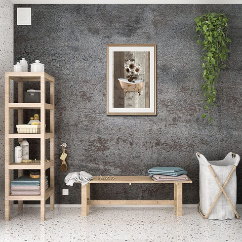 Rustic Farmhouse Sunflowers Wall Art Bathroom Wall Art Modern Flower Bathtube Artwork Rustic Wood Board Background Contemporary Wall Art Decor For Bedroom Living Room 16X24 inch Frameless