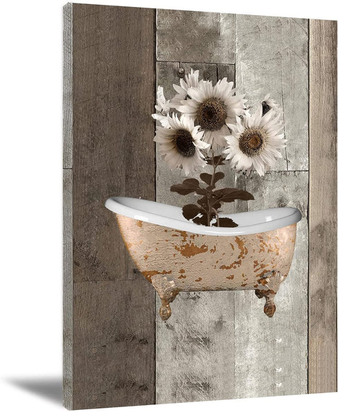 Rustic Farmhouse Sunflowers Wall Art Bathroom Wall Art Modern Flower Bathtube Artwork Rustic Wood Board Background Contemporary Wall Art Decor For Bedroom Living Room 16X24 inch Frameless