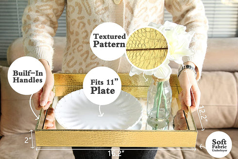 Vixdonos Decorative Mirror Tray Gold Serving Tray Bathrooom Vanity Tray for Makeup on Dresser or Coffee Table,16.2'' X 12.2" X 2''