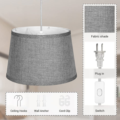 EDISHINE Plug in Pendant Light, Hanging Light with 15Ft Clear Cord, On/Off Switch, Grey Fabric Shade, Pendant Light Fixture for Bedroom, Kitchen, Living Room, Dining Table