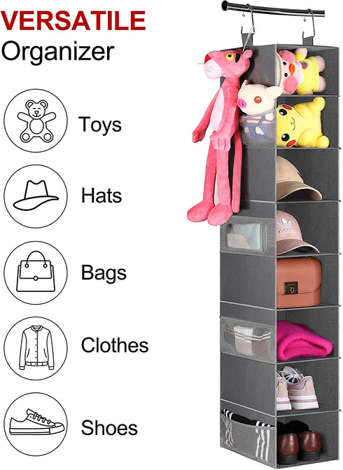 MISSLO 8-Shelf Hanging Shoe Organizer Clothes Closet Organizers and Storage Shelves Hat Holder with Large Shelf and Side Mesh Pockets for Hats Handbags Kid Sweater, Grey