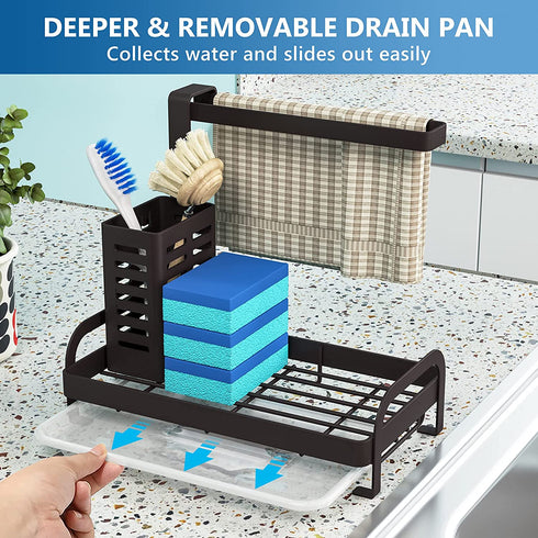 Sink Caddy Organizer, 1Easylife Kitchen Sink Caddy Bronze with Drain Tray Sponge Holder Brush Dishcloth Holder Hanger Countertop for Kitchen