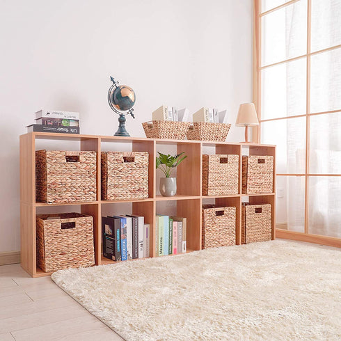 Water Hyacinth Storage Baskets Natural Handwoven Stackable Organizer Wicker Basket Bin With Handles for Cabinets,Cupboards,Shelves, Hold Vegetable,Towels Books Snacks Bottles 2 Pack 12x9x6 Natural/Tan