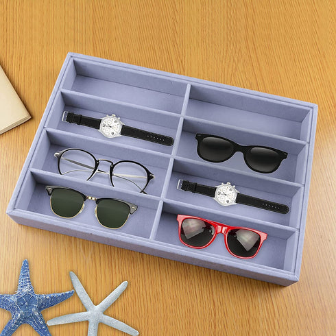 STYLIGING Sunglasses Organizer Storage Tray, 8 Grids Eyewear Watch Holder Display Velvet Jewelry Tray for Drawer, Eyeglasses Glasses Storage Case for Women Men - Gray