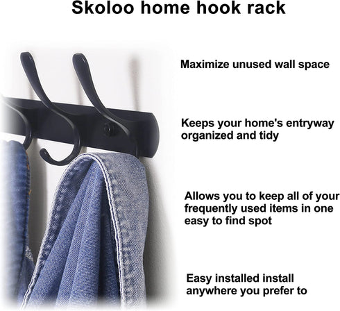 SKOLOO Modern Coat Rack Wall Mount with 5 Hooks, Pack of 2, Metal Wall Coat Rack for Hanging Coat Jacket Backpack Hat, Black Wall Coat Hook, Perfect Touch for Your Entryway, Kitchen, Bedroom