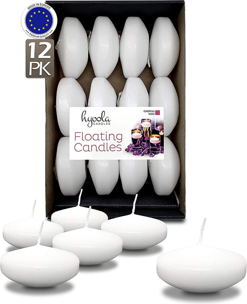 HYOOLA Premium White Floating Candles 3 Inch - 8 Hour - 12 Pack - European Made