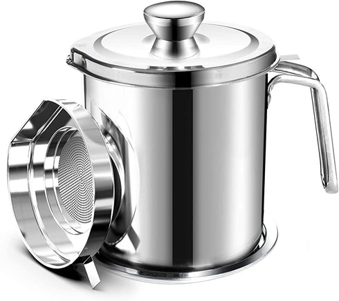 Chihee Oil Strainer Pot Grease Can 2 L Stainless Steel Oil Storage Can Container with Fine Mesh Strainer Dust-proof lid Non-slip Plate Suitable for Storing Frying Oil and Cooking Grease