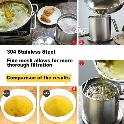 Chihee Oil Strainer Pot Grease Can 2 L Stainless Steel Oil Storage Can Container with Fine Mesh Strainer Dust-proof lid Non-slip Plate Suitable for Storing Frying Oil and Cooking Grease