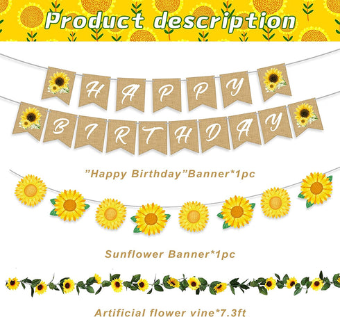 Sunflower Birthday Party Decorations Supplies 104Pcs - Sunflower Happy Birthday Banner, Artificial Sunflower Vine, Aluminum Foil Balloon, Cake Toppers, Balloons and Tools for Sunflower Garland Arch