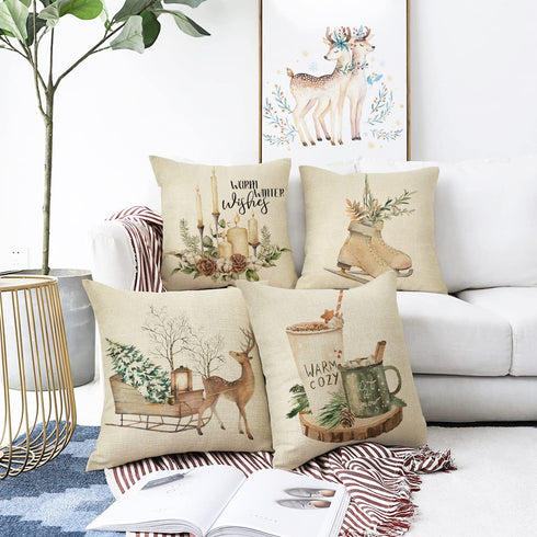 Ussap Warm Winter Wishes Decorative Throw Pillow Cover Set of 4, Reindeer Elk Skating Boots Let It Snow Decoration, Christmas Pine Tree Cones Candle Hot Cocoa Farmhouse Sofa Cushion Case Decor 18 x 18