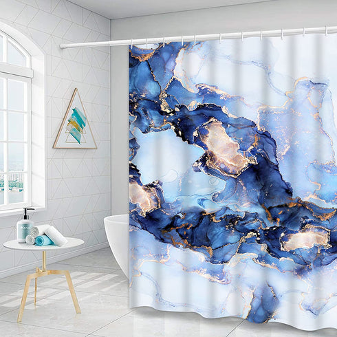 Ikfashoni Marble Shower Curtain, Modern Abstract Shower Curtain with 12 Hooks, Navy Blue Luxury Bathroom Shower Curtain, Gold Geometric Shower Curtain, Fabric Art Shower Curtain, 69" x 70"