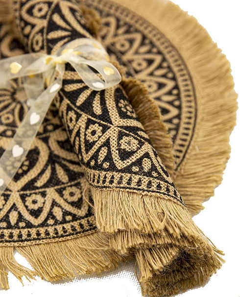 CAPASIN Boho Round Placemats Set of 4 Brown Dining Modern Dinner Braided Beige Table and Fall Circle Runner Kitchen Plate Mats Runners for White Place with Fringe Gold(Brown Tassel A)