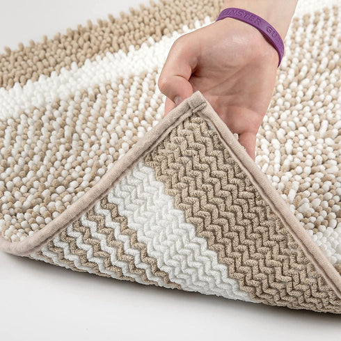 Milvowoc Bath Mats for Bathroom Luxury Chenille Shaggy Bath Rugs Non Skid Soft Shaggy Rugs Bath Carpet Machine Wash/Dry for Tub, Shower and Bath Room (20x32 Inch, Khaki/White)