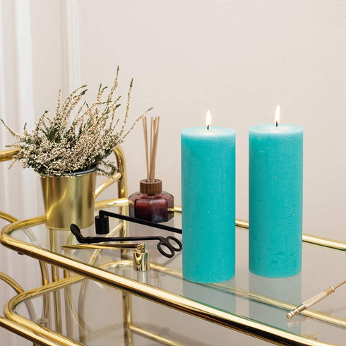 CANDWAX 3x8 Pillar Candle Set of 2 - Decorative Rustic Candles Unscented and No Drip Candles - Ideal as Wedding Candles or Large Candles for Home Interior - Turquoise Candles