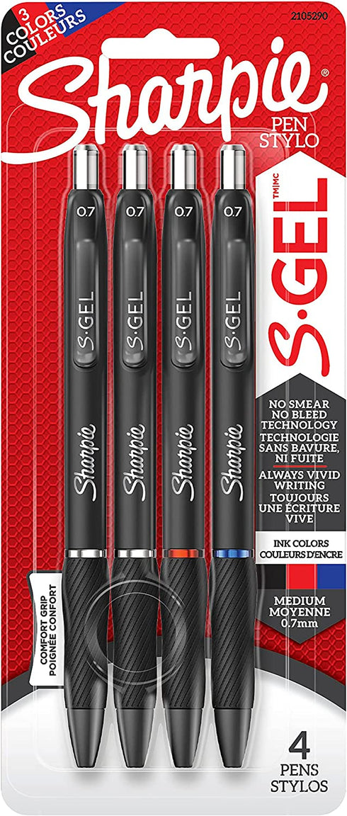 Sharpie S-Gel, Gel Pens, Medium Point (0.7mm), Assorted Colors, 4 Count