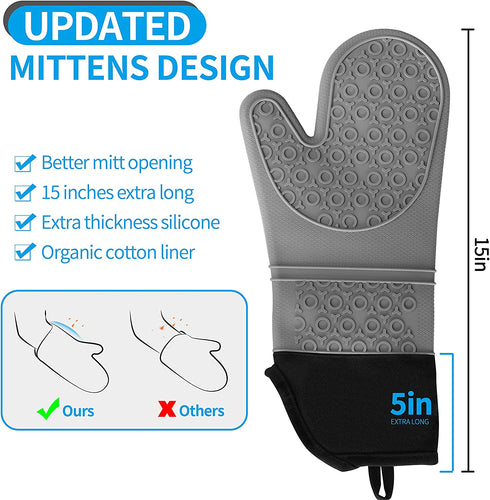 SD SENDAY Silicone Oven Mitts Baking Set, Extra Long 7Pcs Heat Resistant Non-Slip Cotton Lining Gloves with Mini Oven Gloves and Hot Pads Potholders & Brush for BBQ Kitchen Baking Cooking
