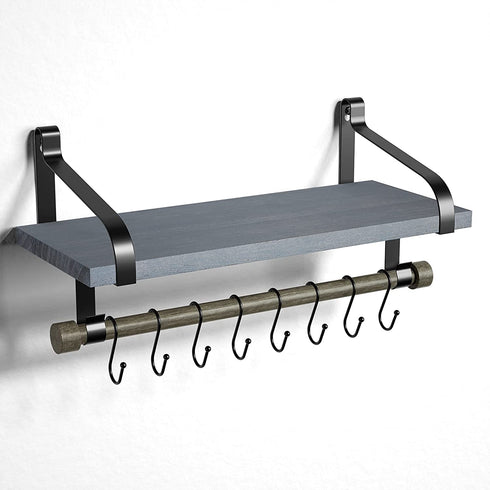 Love-KANKEI Wall Shelf for Storage Rustic Wood Kitchen Spice Rack with Towel Bar and 8 Removable Hooks for Organize Cooking Utensils or Mugs Floating Shelf Weathered Grey