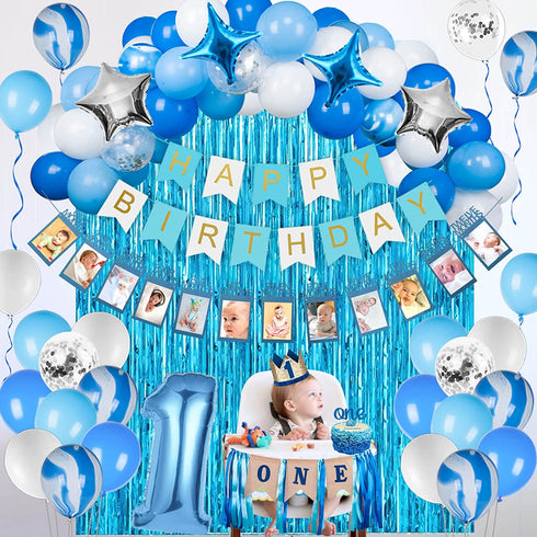 JOYYPOP 1st Birthday Boy Decorations 66PCS Blue 1st Birthday Decorations for Boy with 12 Months Photo Banner, 1st Birthday Baby Crown, ONE Cake Topper, 1st Birthday Highchair Banner