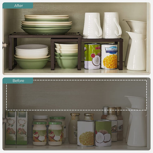 SONGMICS Cabinet Shelf Organizers, Stackable, Expandable, Set of 2 Metal Kitchen Counter Shelves, Brown UKCS01BR