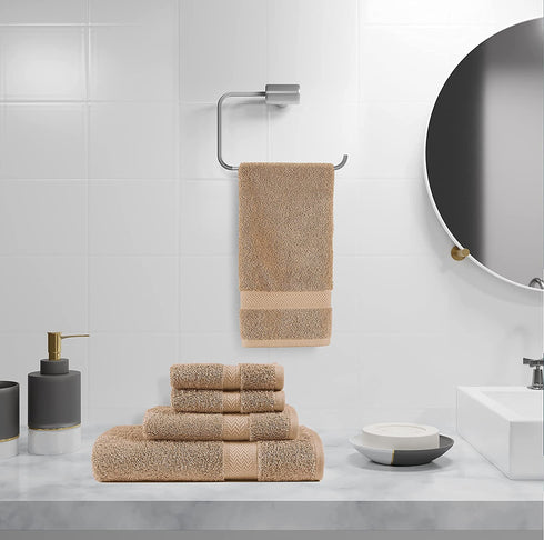 5 Piece Bath Towel Set, 100% Cotton Towels, Shower Towels, 600 GSM Towel Set, 1 Bath Towel, 2 Hand Towels for Bathroom, 2 Washcloths, Durable and Absorbent Bath Towels Set, Bathroom Towels - Beige