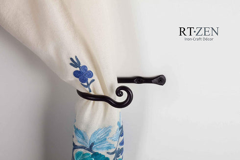 RTZEN Decorative Small Curtain Holdbacks - Set of 2 - Wrought Iron Window Drapery Tiebacks - Handmade Rod Drape Tieback Black Hooks - Rot Metal Drapes Hangers - Unique Hand Craft Décor