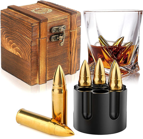 Chouggo Whiskey Stones Gift Set for Men with Vintage Wooden Case, Metal Stainless Steel Bullet Shaped Ice Cubes - 6 Pack, Cool Gifts for Men - Birthday Christmas Gift Ideas