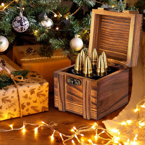 Chouggo Whiskey Stones Gift Set for Men with Vintage Wooden Case, Metal Stainless Steel Bullet Shaped Ice Cubes - 6 Pack, Cool Gifts for Men - Birthday Christmas Gift Ideas
