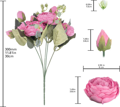 KAHAUL Artificial Flowers Silk Peony Flower Fake Flower Small Pieces Wedding Bouquet Design for Home Store Decoration Indoor&Outdoor (4 Pack, Pink Red)