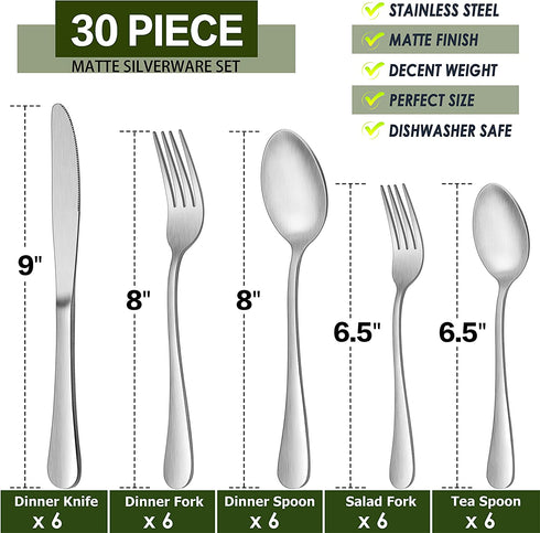 LIANYU 30 Piece Matte Silverware Set, Satin Finish Flatware Cutlery Set for 6, Include Knife Fork Spoon, Fancy Eating Utensils Tableware Set for Home Restaurant Party, Dishwasher Safe