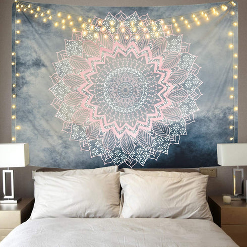 Mandala Tapestry Grey Pink Tapestry Hippie Bohemian Floral Tapestries Wall Hanging for Room Bedroom