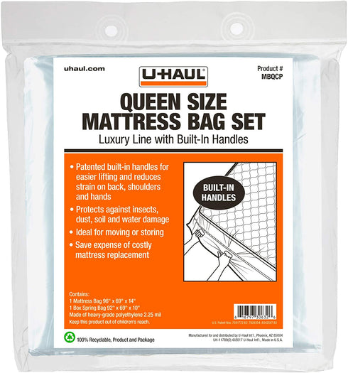 U-Haul Deluxe Queen Mattress and Box Spring Bag Set Moving and Storage Protection Cover 2.25 Mil Includes 1 Mattress Bag, 1 Box Spring Bag