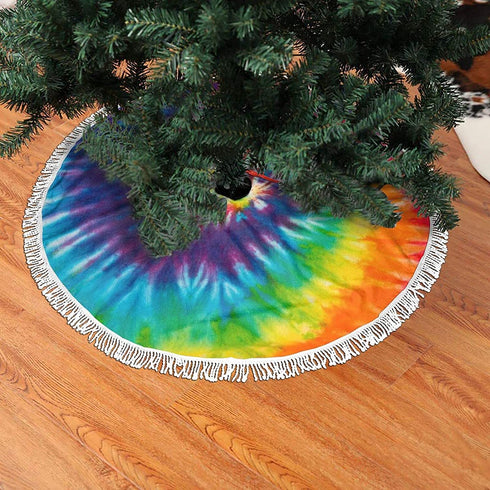 Tie Dye Christmas Tree Skirt with Tassel Small Xmas Tree Skirt Mat 36 Inch Rustic Farmhouse for New Year Party Holiday Decorations