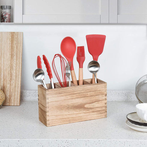 Heightened Wooden Silverware Caddy, 4 Adjustable Smart Compartments Utensil Holder, Great Flatware Caddy- Ideal for Kitchen, Dining, Home Party, Buffet, and More