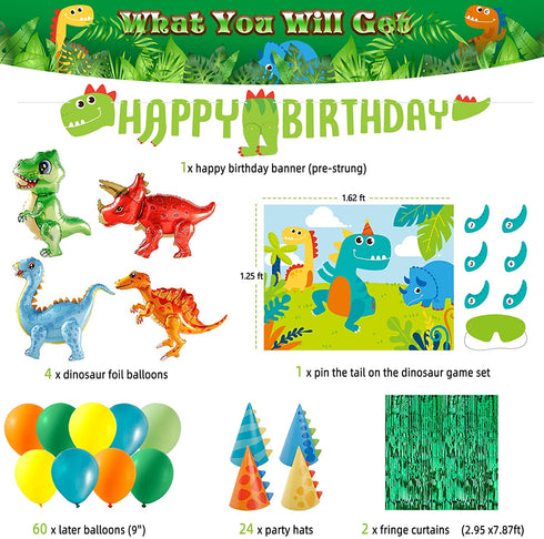 Decorlife Dinosaur Birthday Decorations, 92 Pack Dinosaur Birthday Party Supplies for Boys, Pin the Tail on the Dinosaur, Dino Foil Balloons, Fringe Curtains, Banner, Party Hats Included