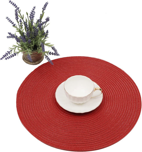 SHACOS Round Placemats Set of 6 Woven Braided 15 inch Circle Placemat for Dining Tables Kitchen Table Mats Washable (Red, 6)