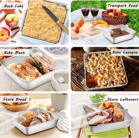 8 Inch Square Cake Pan with Lid, P&P CHEF Stainless Steel Baking Pans and Lids, For Lasagna Brownie Cake, Heavy Duty & Food Grade, Durable Pans & Plastic Covers, Oven & Dishwasher Safe (2 Pans+2 Lids)