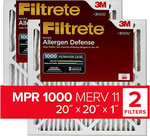 Filtrete 20x20x1, AC Furnace Air Filter, MPR 1000, Micro Allergen Defense, 2-Pack (exact dimensions 19.719 x 19.719 x 0.84)