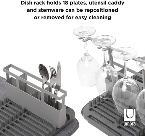 Umbra Udry Rack and Microfiber Dish Drying Mat-Space-Saving Lightweight Design Folds Up for Easy Storage, Standard w, Charcoal