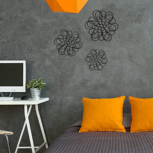 3 Pieces Metal Wall Art Metal Flower Wall Sculpture Metal Flower Wall Art for Home Bedroom Living Room Bathroom Kitchen Office Garden Hotel Wall Decoration, 3 Sizes (Black)