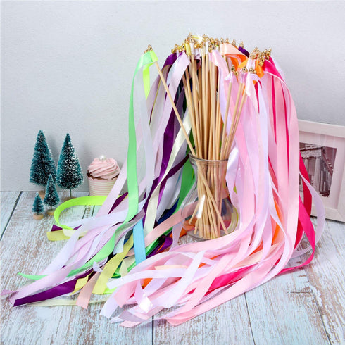 40 Pieces Mix Color Ribbon Wands Sticks with Bell Fairy Stick Party Streamers for Wedding Party (Multicolor)