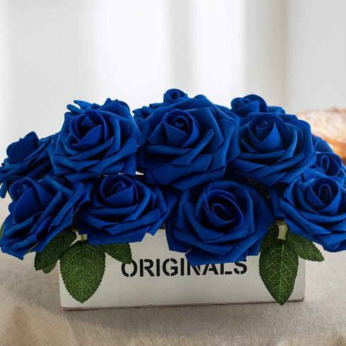 Exoment 25pcs Artificial Flower Foam Rose Real Touch Roses Flower Heads with Stem for DIY Wedding Bouquets Centerpieces Arrangements Party Baby Shower Home Decor (Royal Blue)