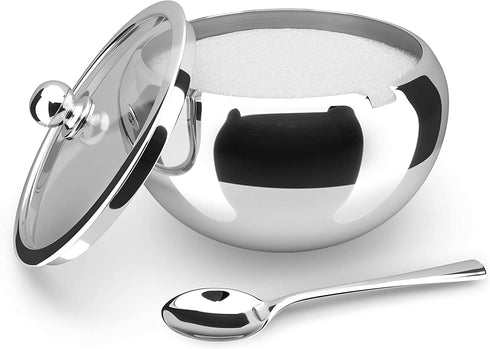 Kook Stainless Steel Sugar Bowl with Lid and Spoon, Serving Dish, Clear Glass Lid, Storage for Salt, Candy, Coffee, Holds 2 Cups, Dishwasher Safe, 16 oz