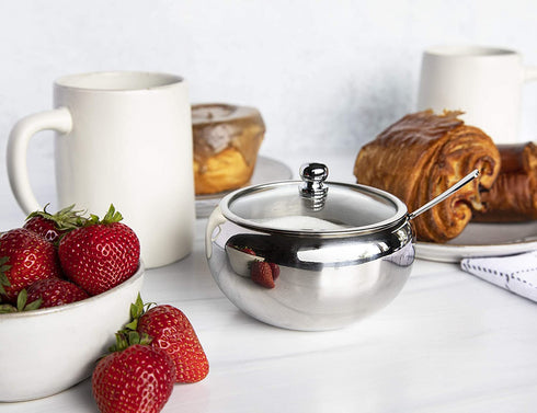 Kook Stainless Steel Sugar Bowl with Lid and Spoon, Serving Dish, Clear Glass Lid, Storage for Salt, Candy, Coffee, Holds 2 Cups, Dishwasher Safe, 16 oz